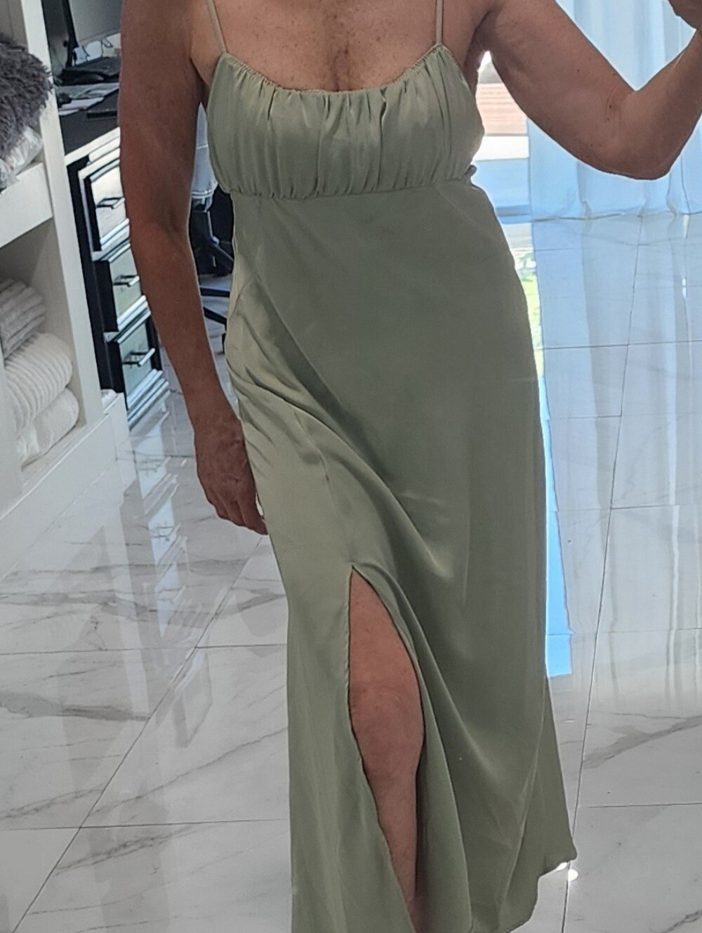 Zara Olive Green Satin Maxi Slip Dress with Side Slit